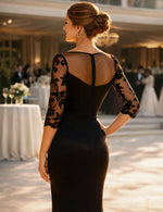 Black Lace 3/4 Sleeve Mermaid Ruffles Side Slit Evening Dress