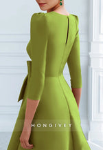 V Neck Tea-Length 3/4 Sleeve A-Line Ruched Cocktail Dresses with Bow(s)