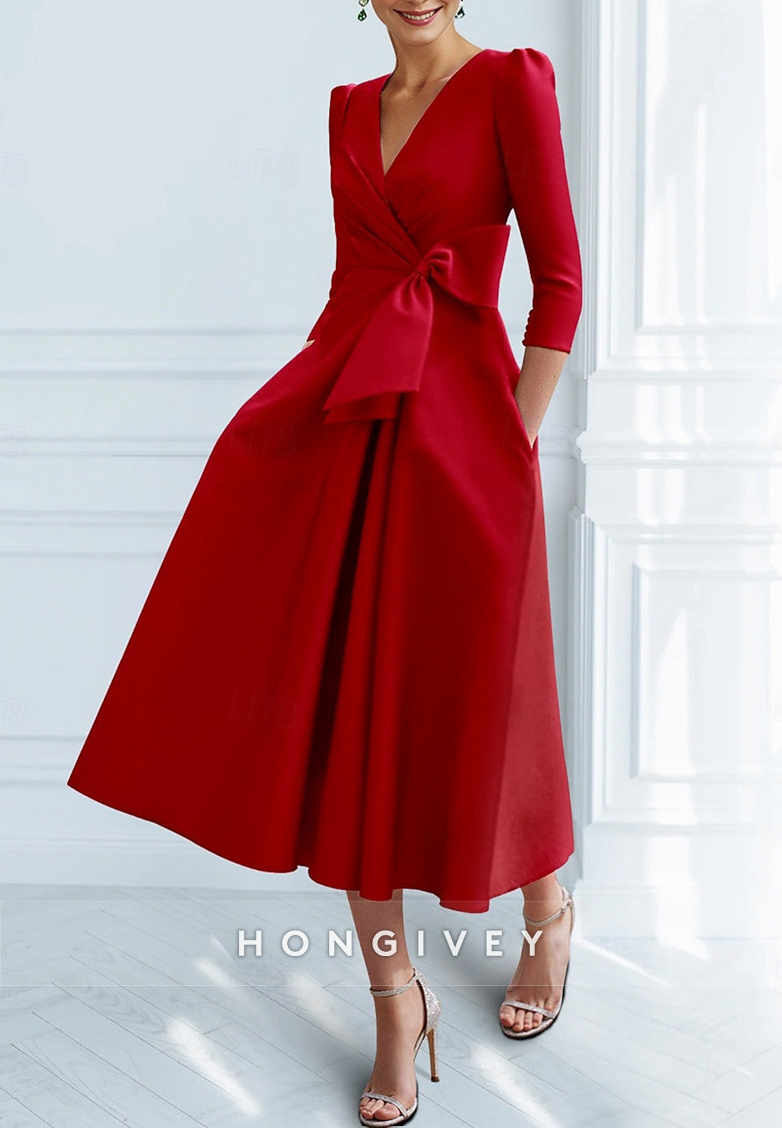 V Neck Tea-Length 3/4 Sleeve A-Line Ruched Cocktail Dresses with Bow(s)