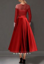 A-Line Cocktail Dresses Tea Length Long Sleeve Jewel Neck Satin with Pearls