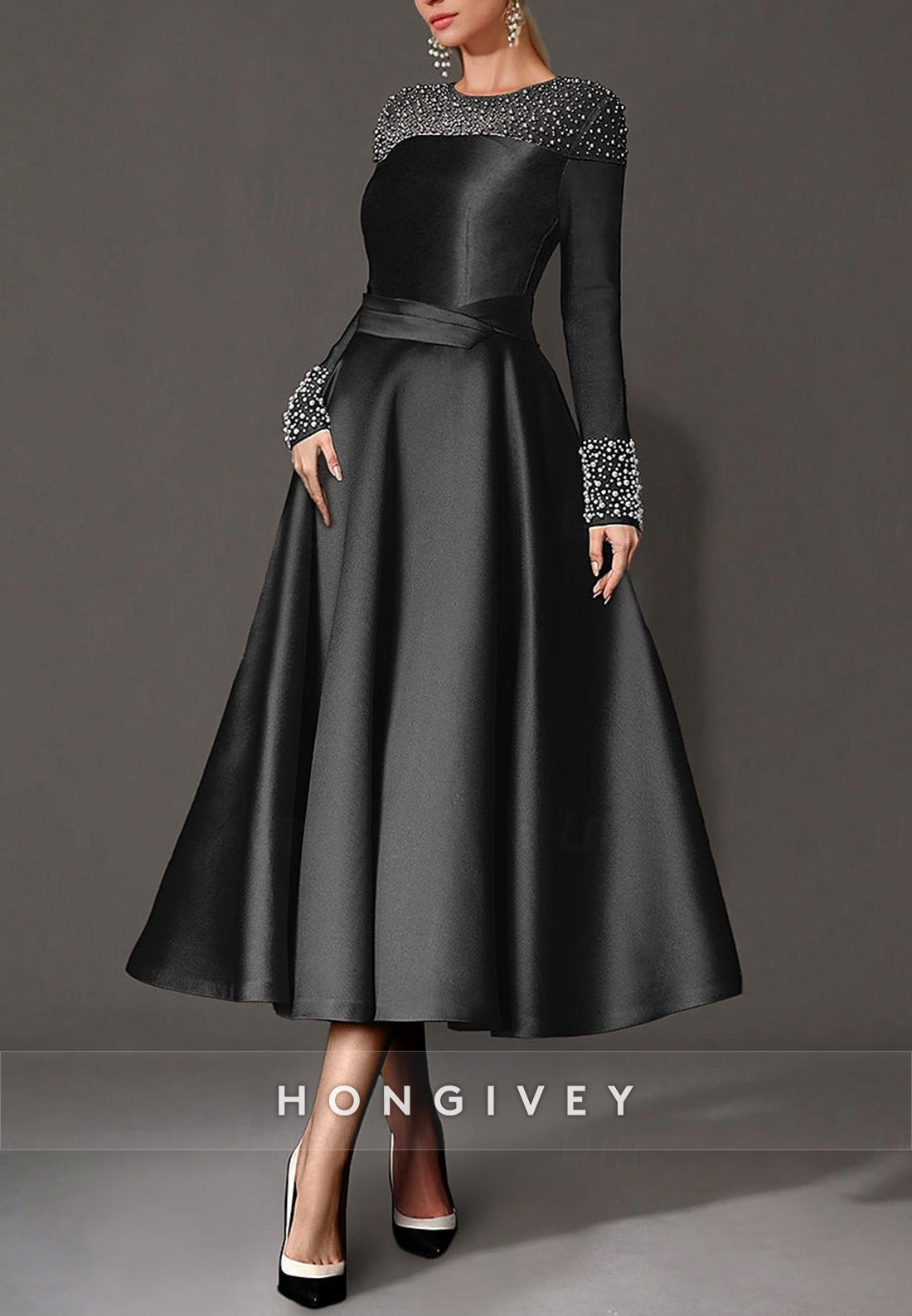 A-Line Cocktail Dresses Tea Length Long Sleeve Jewel Neck Satin with Pearls