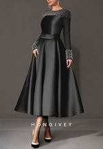 A-Line Cocktail Dresses Tea Length Long Sleeve Jewel Neck Satin with Pearls