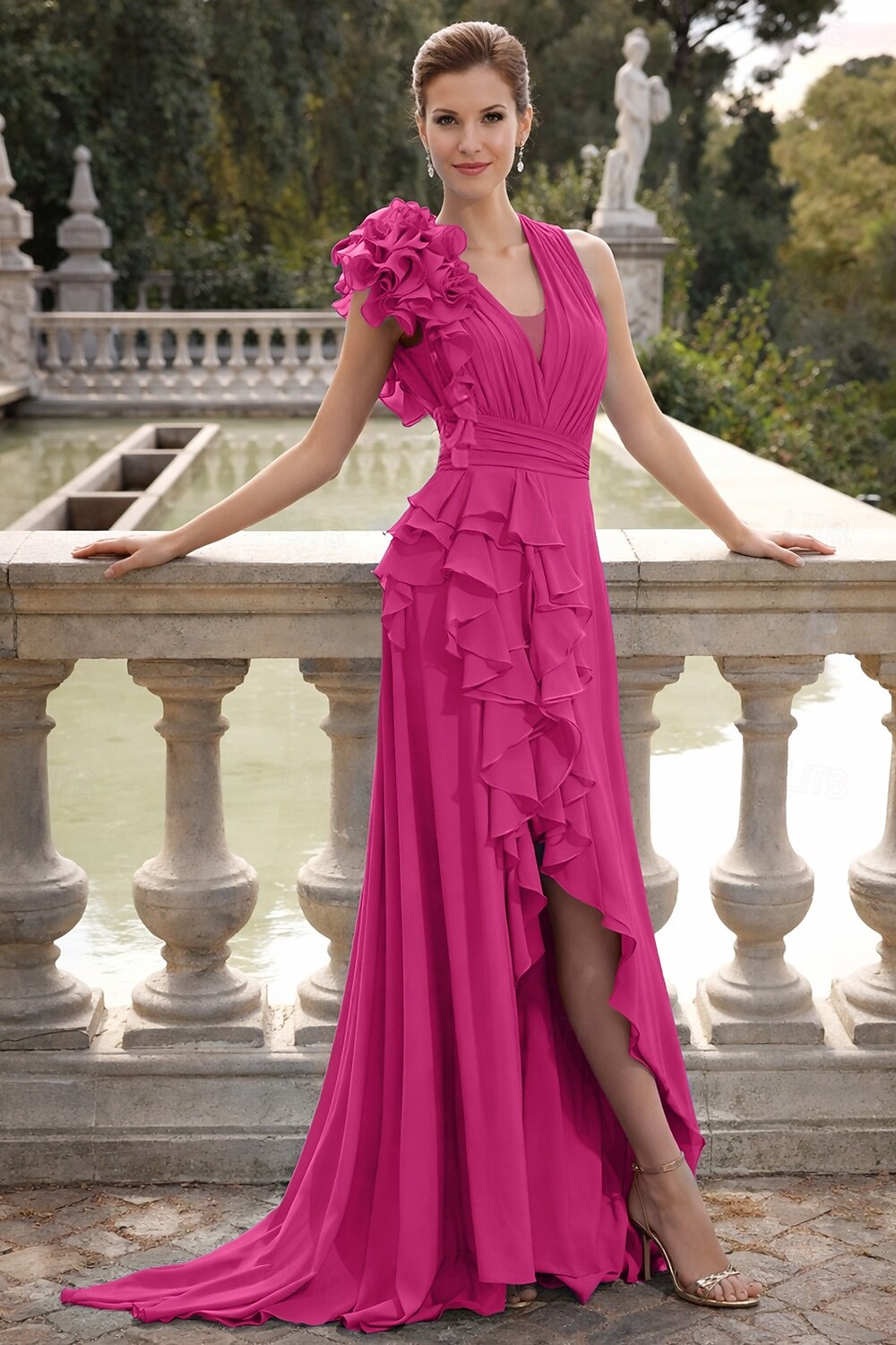 V-Neck Sleeveless Ruffles A-Line Floor-Length Evening Dress