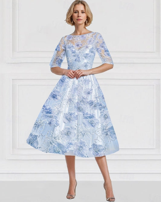 Fashion Half Sleeve Lace A-Line Flowers Tea-Length Evening Dress