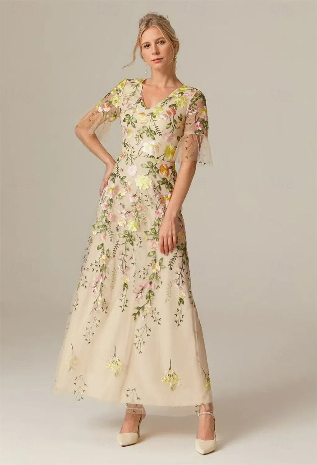 Flowers Applique Half Sleeve A-Line Ankle-Length Evening Dress