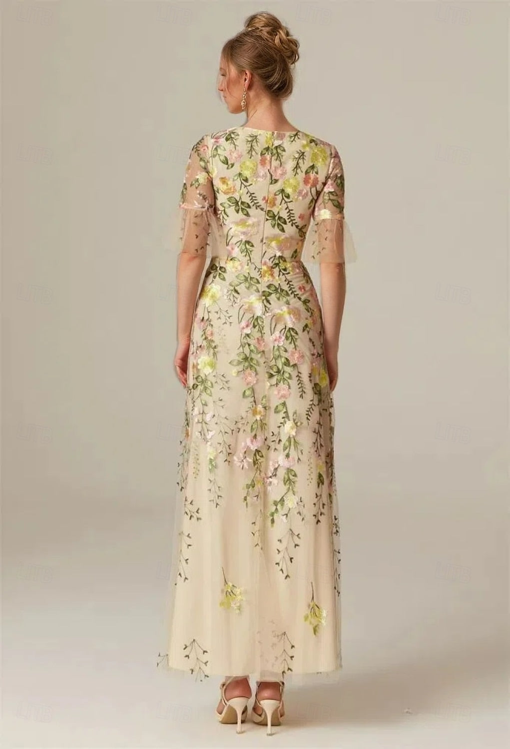 Flowers Applique Half Sleeve A-Line Ankle-Length Evening Dress