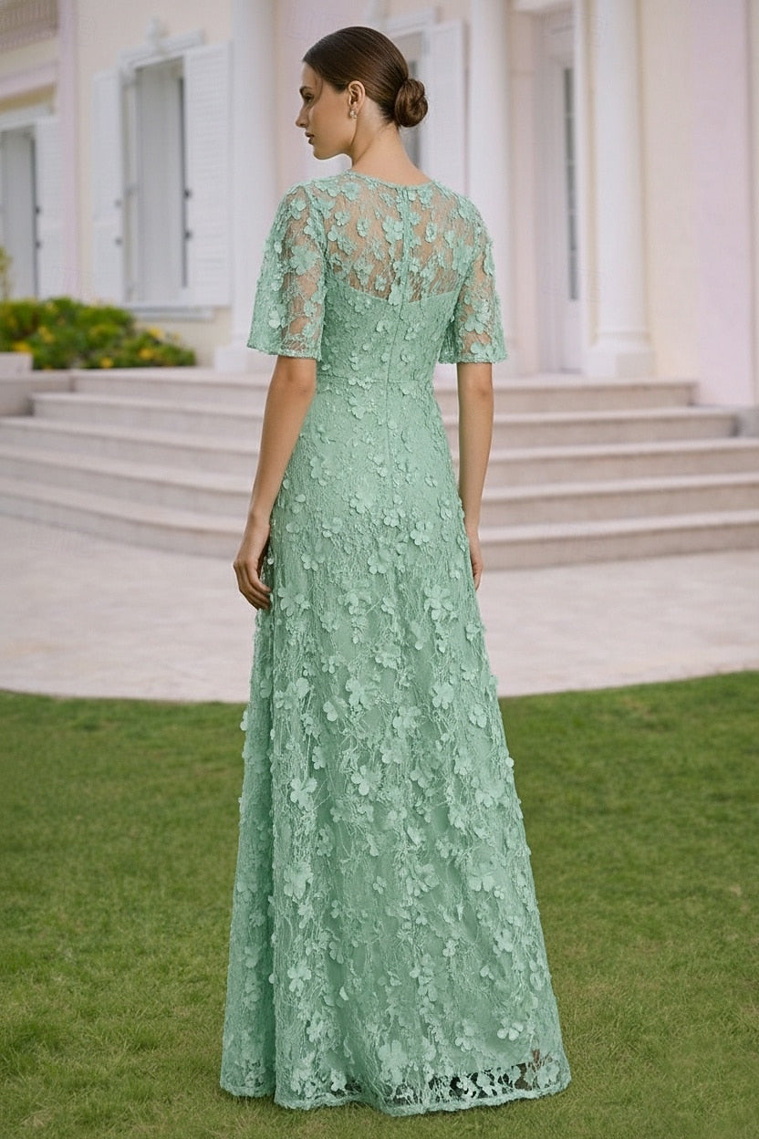 Lace Flowers Half Sleeve A-Line Floor-Llength Applique Evening Dress