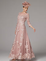 Applique 3/4 Sleeve A-Line Tulle Elegant Formal Women Evening Dress