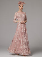 Applique 3/4 Sleeve A-Line Tulle Elegant Formal Women Evening Dress
