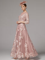 Applique 3/4 Sleeve A-Line Tulle Elegant Formal Women Evening Dress