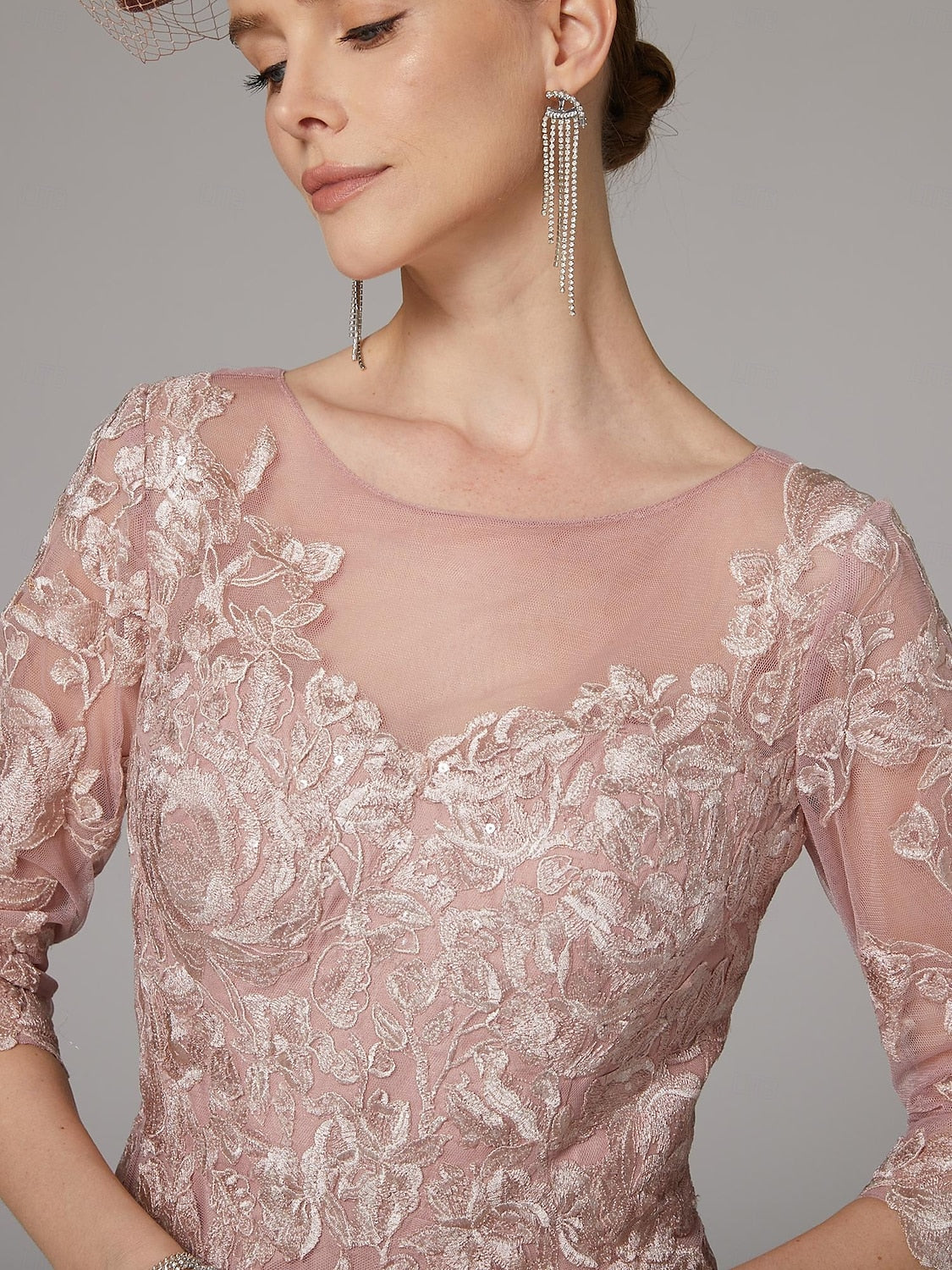 Applique 3/4 Sleeve A-Line Tulle Elegant Formal Women Evening Dress