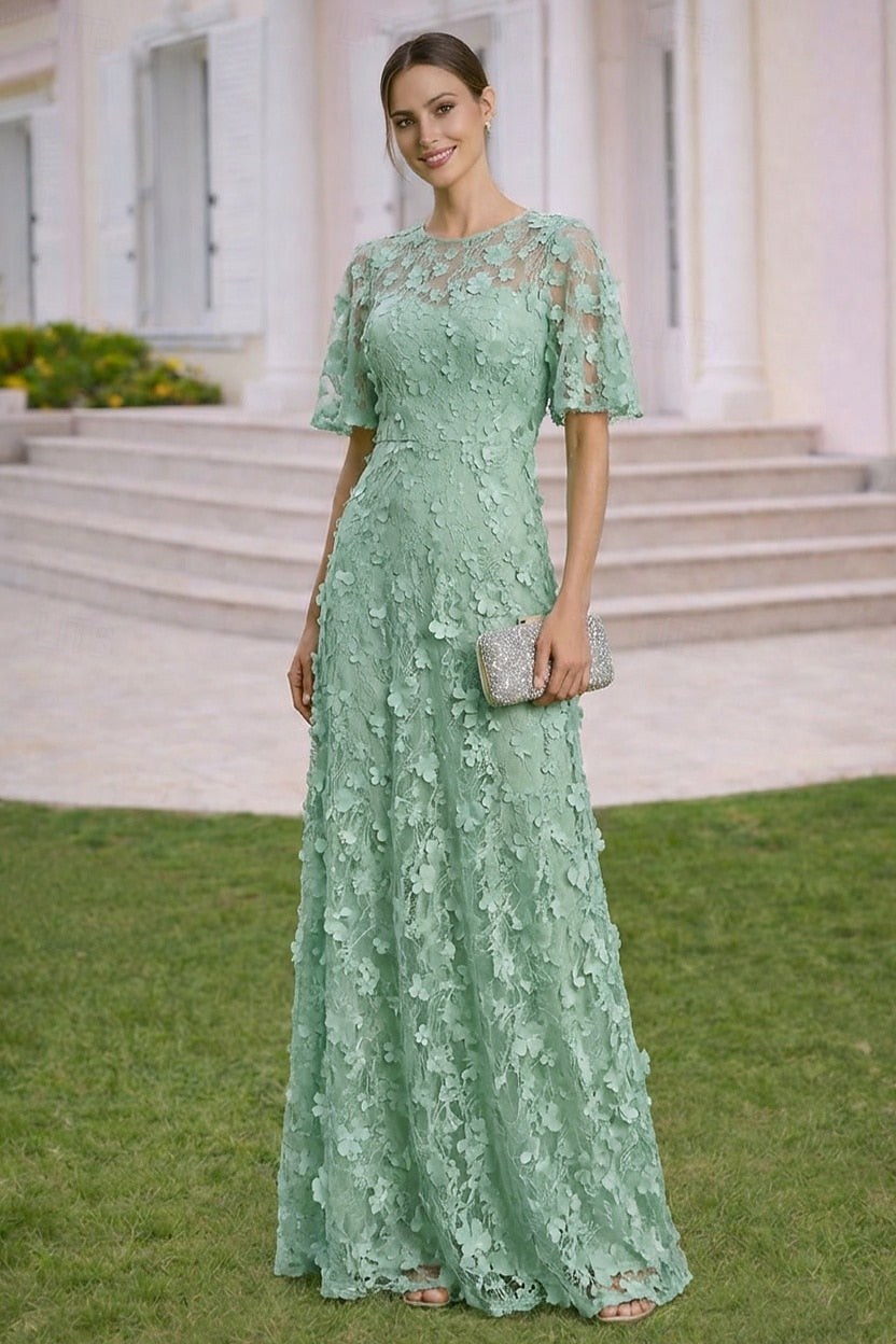 Lace Flowers Half Sleeve A-Line Floor-Llength Applique Evening Dress