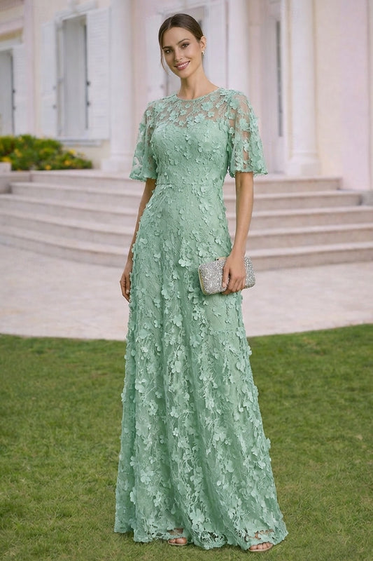 Lace Flowers Half Sleeve A-Line Floor-Llength Applique Evening Dress
