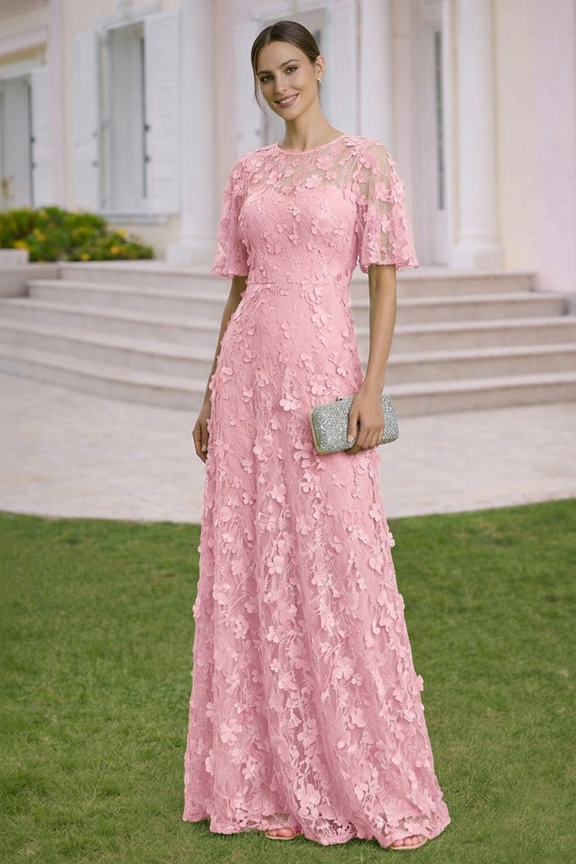 Lace Flowers Half Sleeve A-Line Floor-Llength Applique Evening Dress