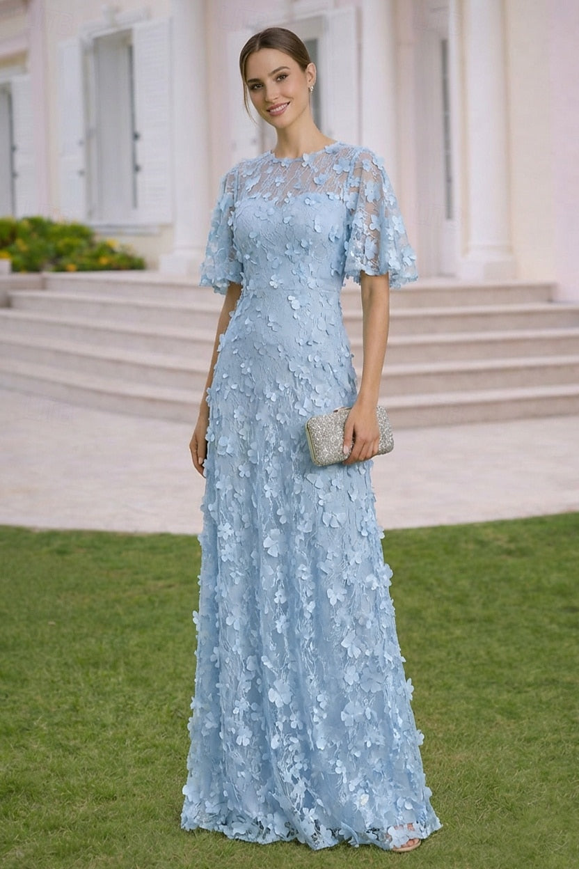 Lace Flowers Half Sleeve A-Line Floor-Llength Applique Evening Dress