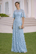 Lace Flowers Half Sleeve A-Line Floor-Llength Applique Evening Dress