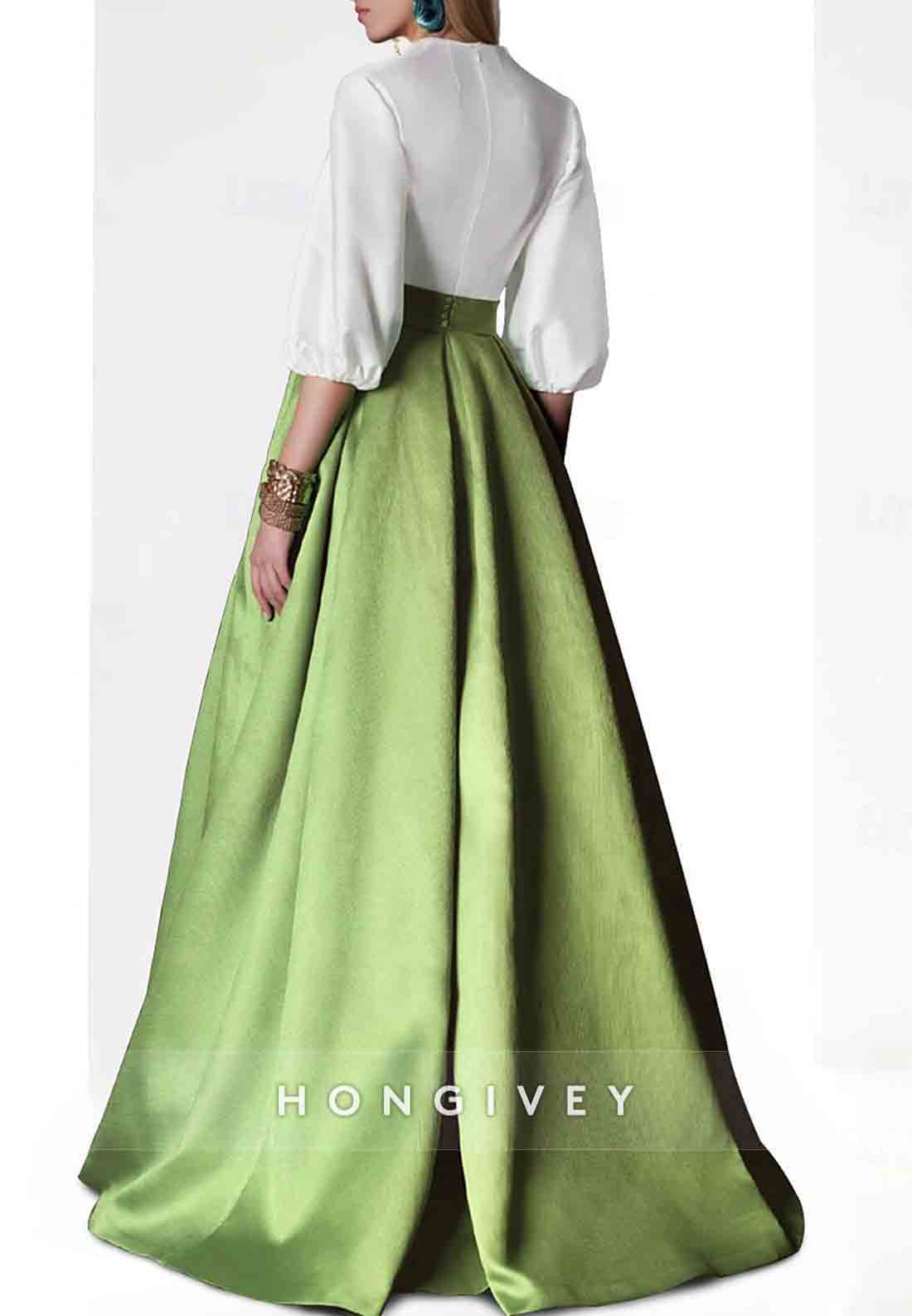 V-Neck Satin 3/4 Sleeve Empire Floor-Length Evening Gowns with Pockets