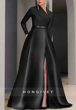 Long Sleeve Satin A-Line V Neck Pocket Floor-Length Evening Gown with Slit