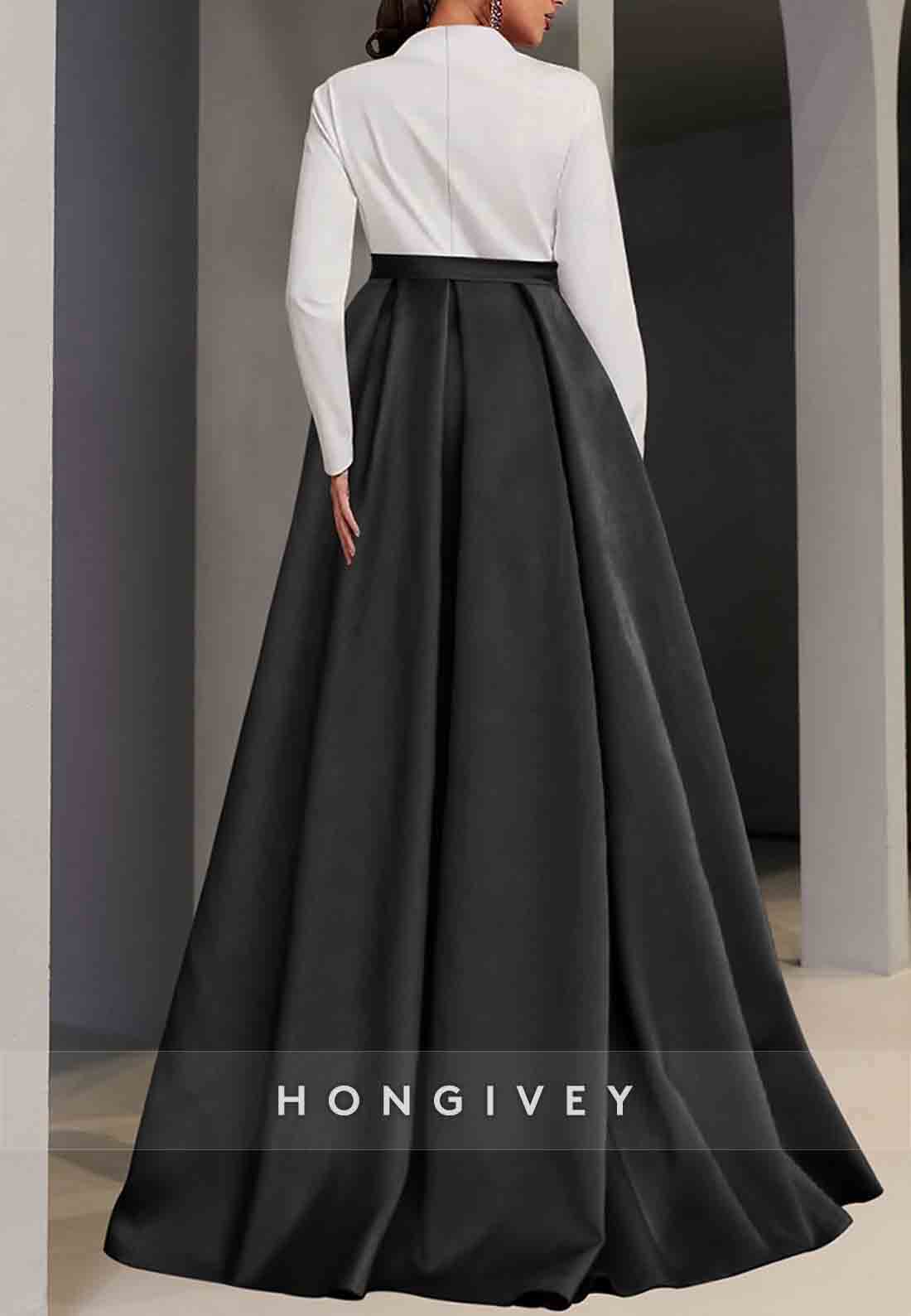 Long Sleeve Satin A-Line V Neck Pocket Floor-Length Evening Gown with Slit