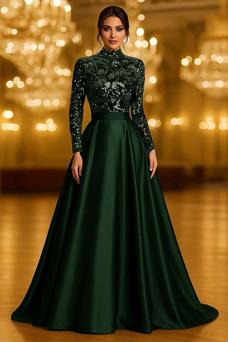 High Neck Sequins Sparkle Long Sleeve A-Line Floor-Length Evening Dress