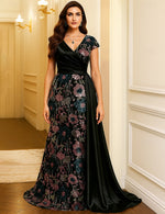 V-Neck Sequins Sparkle Floral Print Flowers Mermaid Evening Dress