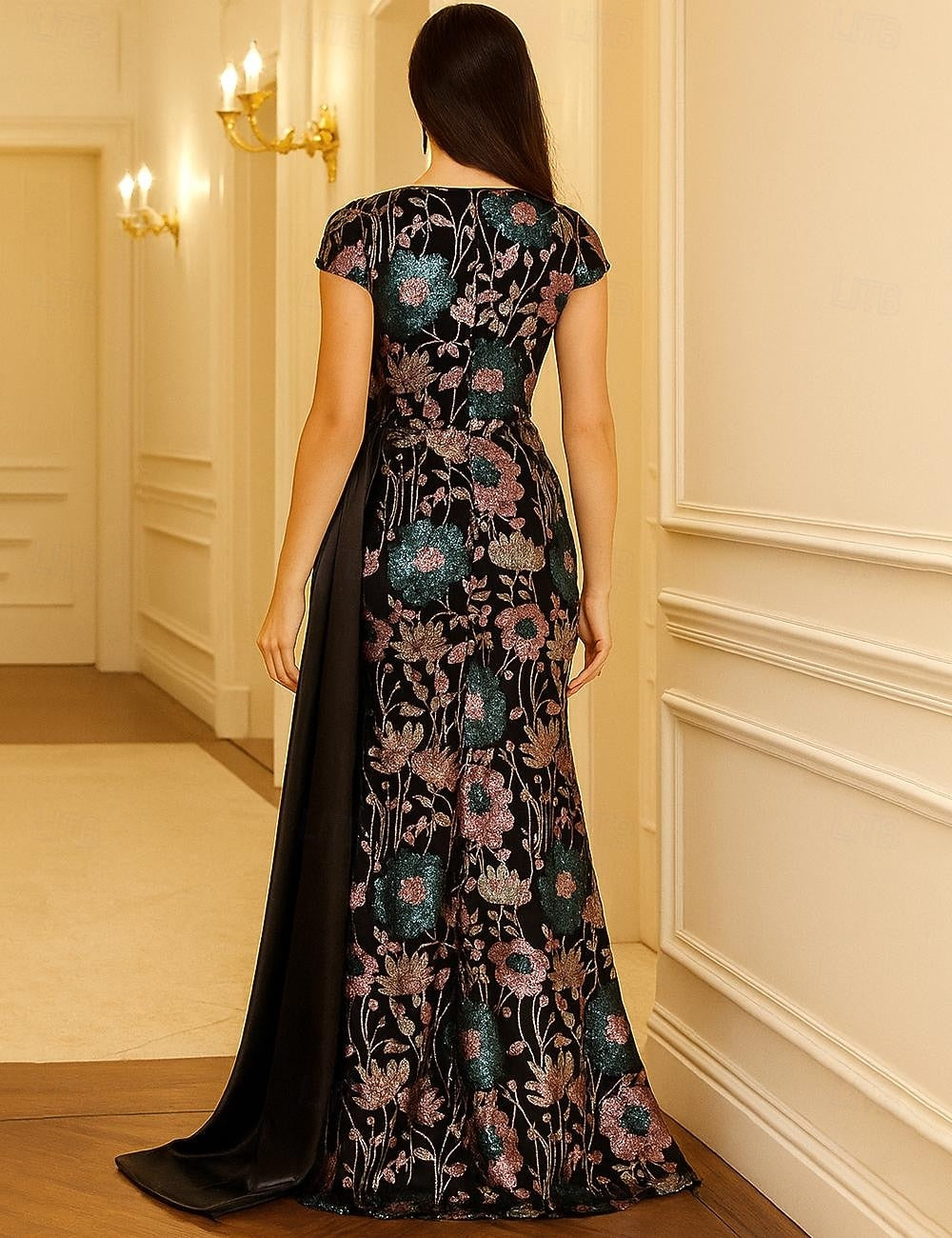 V-Neck Sequins Sparkle Floral Print Flowers Mermaid Evening Dress