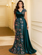 V-Neck Sequins Sparkle Floral Print Flowers Mermaid Evening Dress