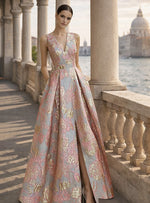 V-Neck Sleeveless Flowers Floral Print A-Line Side Evening Dress