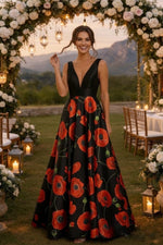 V-Neck Sleeveless Flowers Floral Print A-Line Women Evening Dress