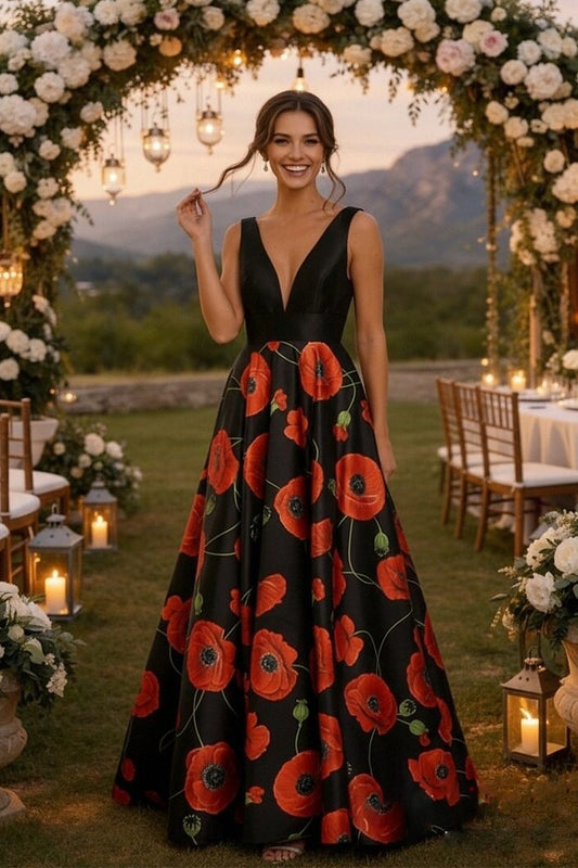 V-Neck Sleeveless Flowers Floral Print A-Line Women Evening Dress