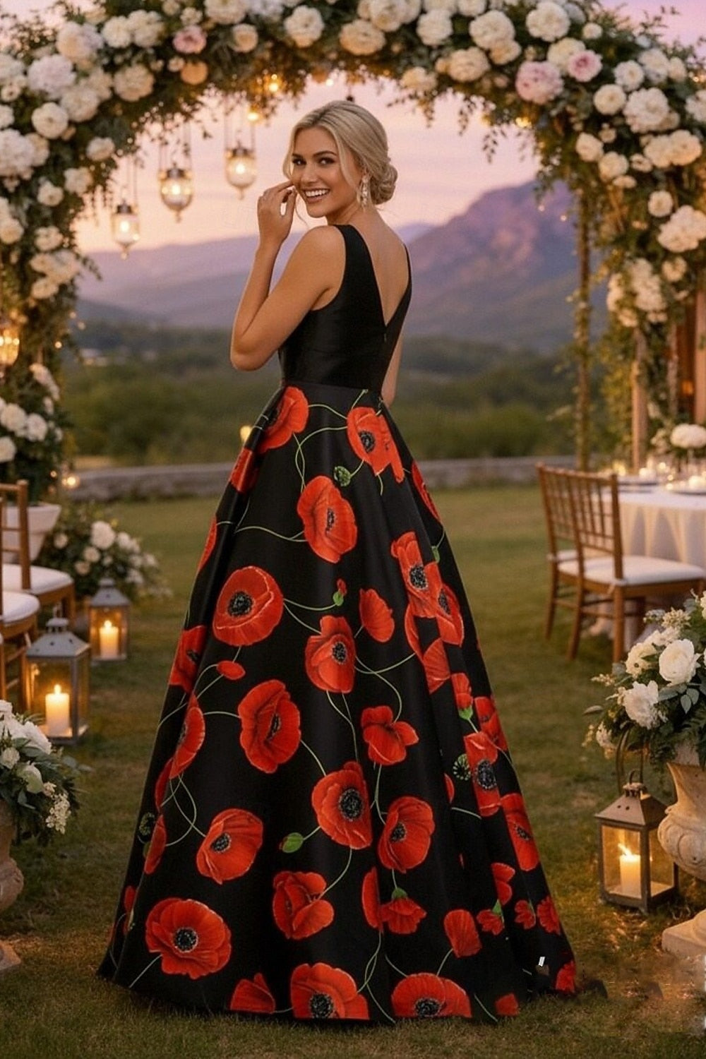 V-Neck Sleeveless Flowers Floral Print A-Line Women Evening Dress