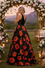 V-Neck Sleeveless Flowers Floral Print A-Line Women Evening Dress