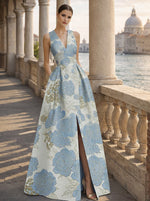 V-Neck Sleeveless Flowers Floral Print A-Line Side Evening Dress