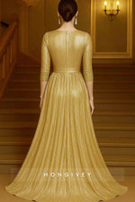 3/4 Sleeve O-Neck A-Line Bow Slit Evening Dress