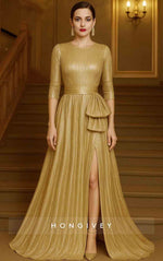 3/4 Sleeve O-Neck A-Line Bow Slit Evening Dress