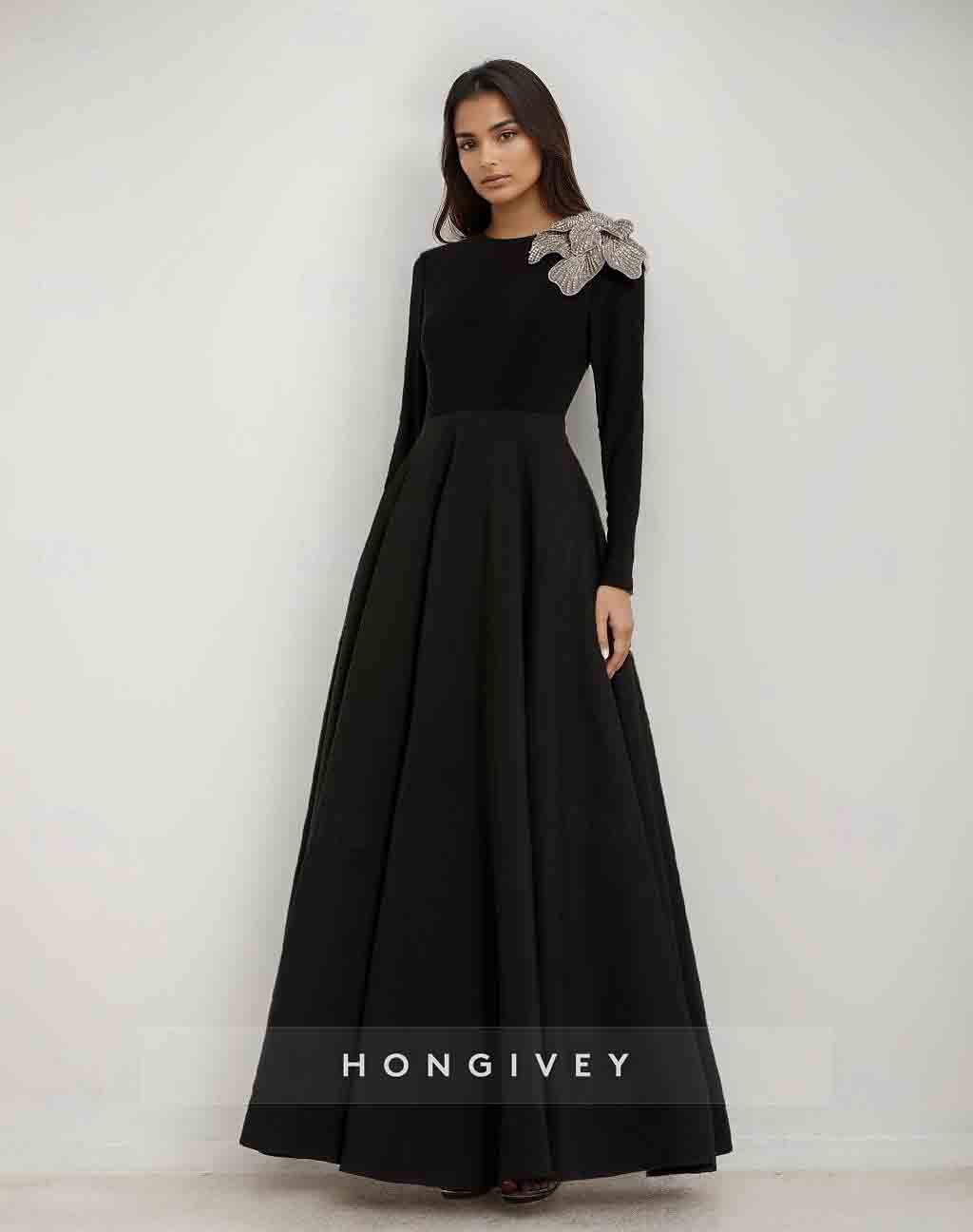 Black Beaded Flower A-Line Long Sleeve Evening Dress