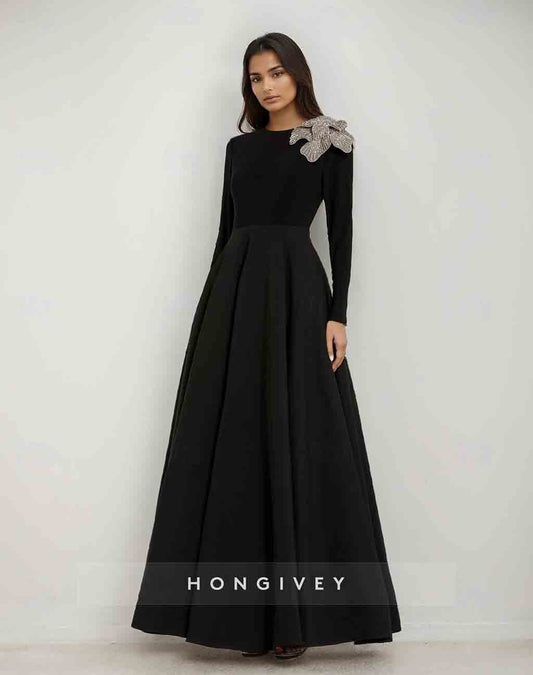 Black Beaded Flower A-Line Long Sleeve Evening Dress