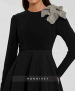 Black Beaded Flower A-Line Long Sleeve Evening Dress