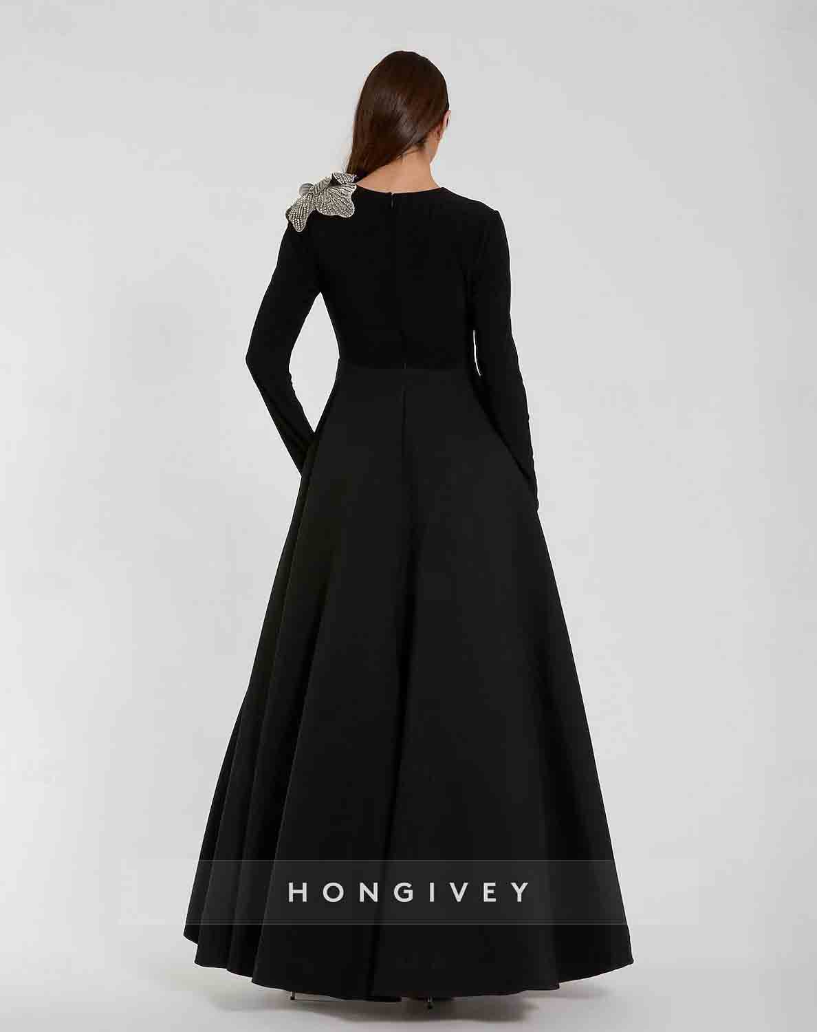Black Beaded Flower A-Line Long Sleeve Evening Dress