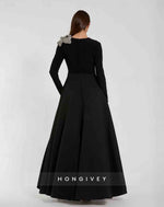 Black Beaded Flower A-Line Long Sleeve Evening Dress
