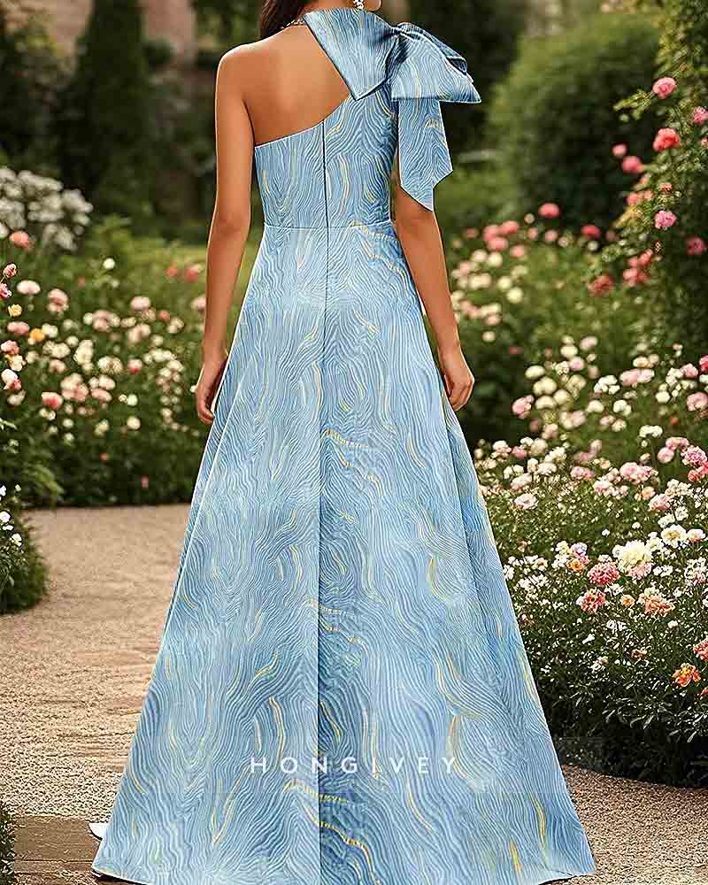 Blue One Shoulder A-line Bows Evening Dress