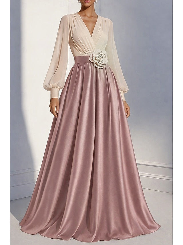 V-Neck Long Sleeve Flowers A-Line Floor-Length Evening Dress