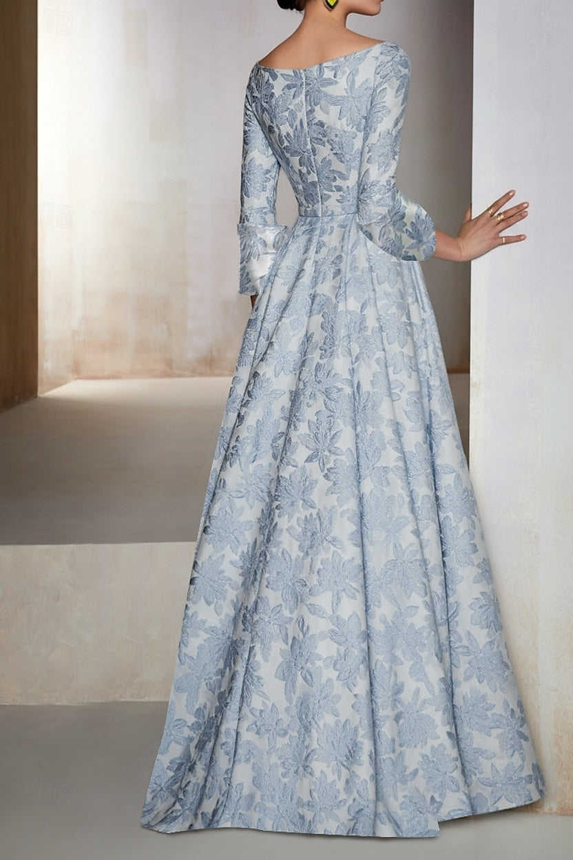 Floral Print Flowers Long Sleeve A-Line Side Slit Evening Dress