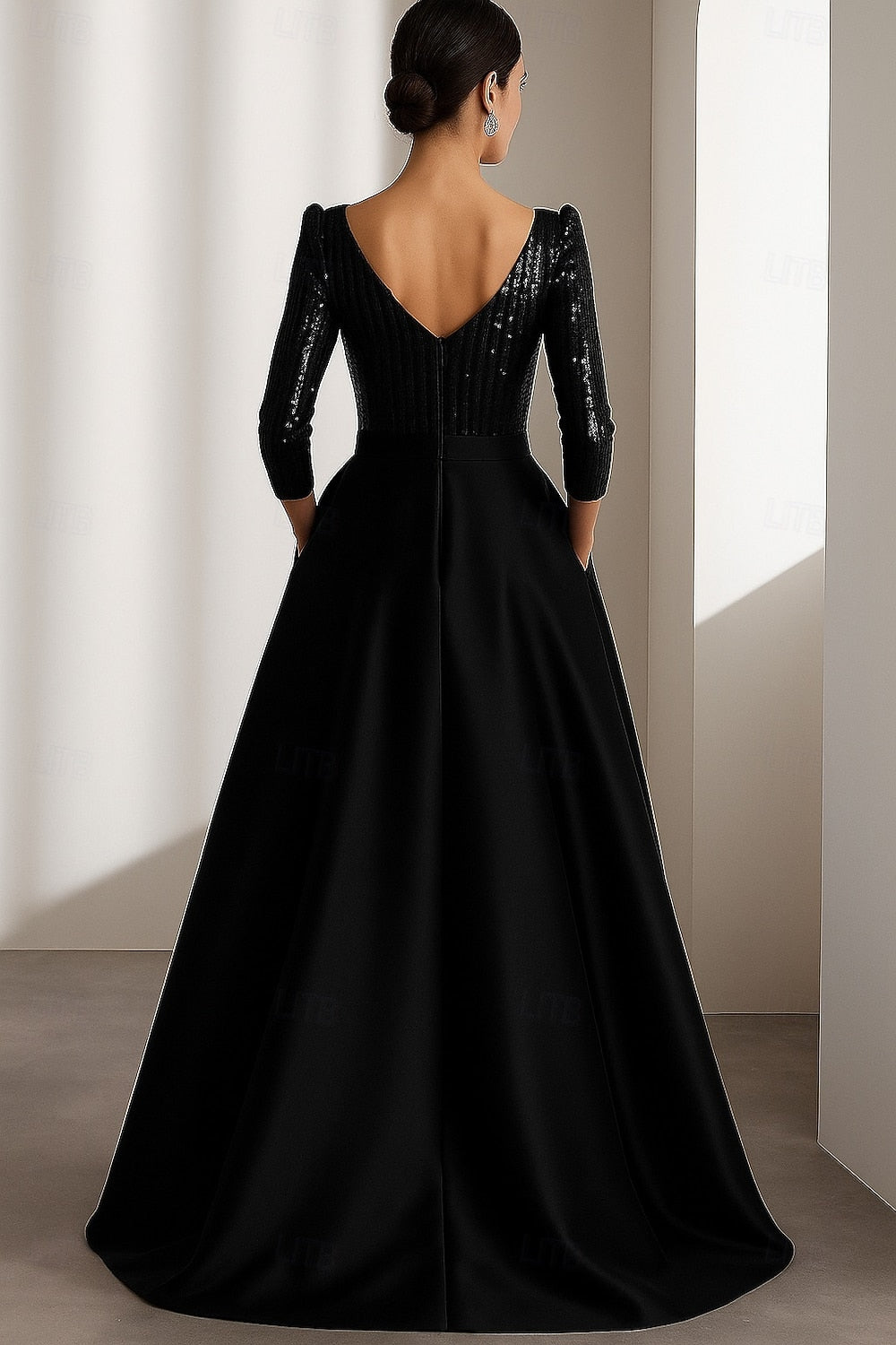 Sparkle Sequins A-Line 3/4 Sleeve Floor-Length Evening Dress