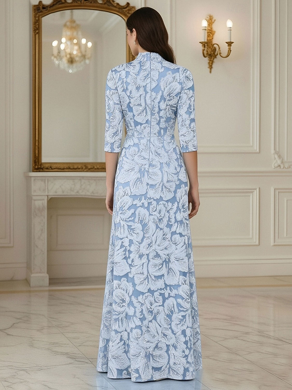 High Neck 3/4 Sleeve Flowers Floral Print Mermaid Evening Dress