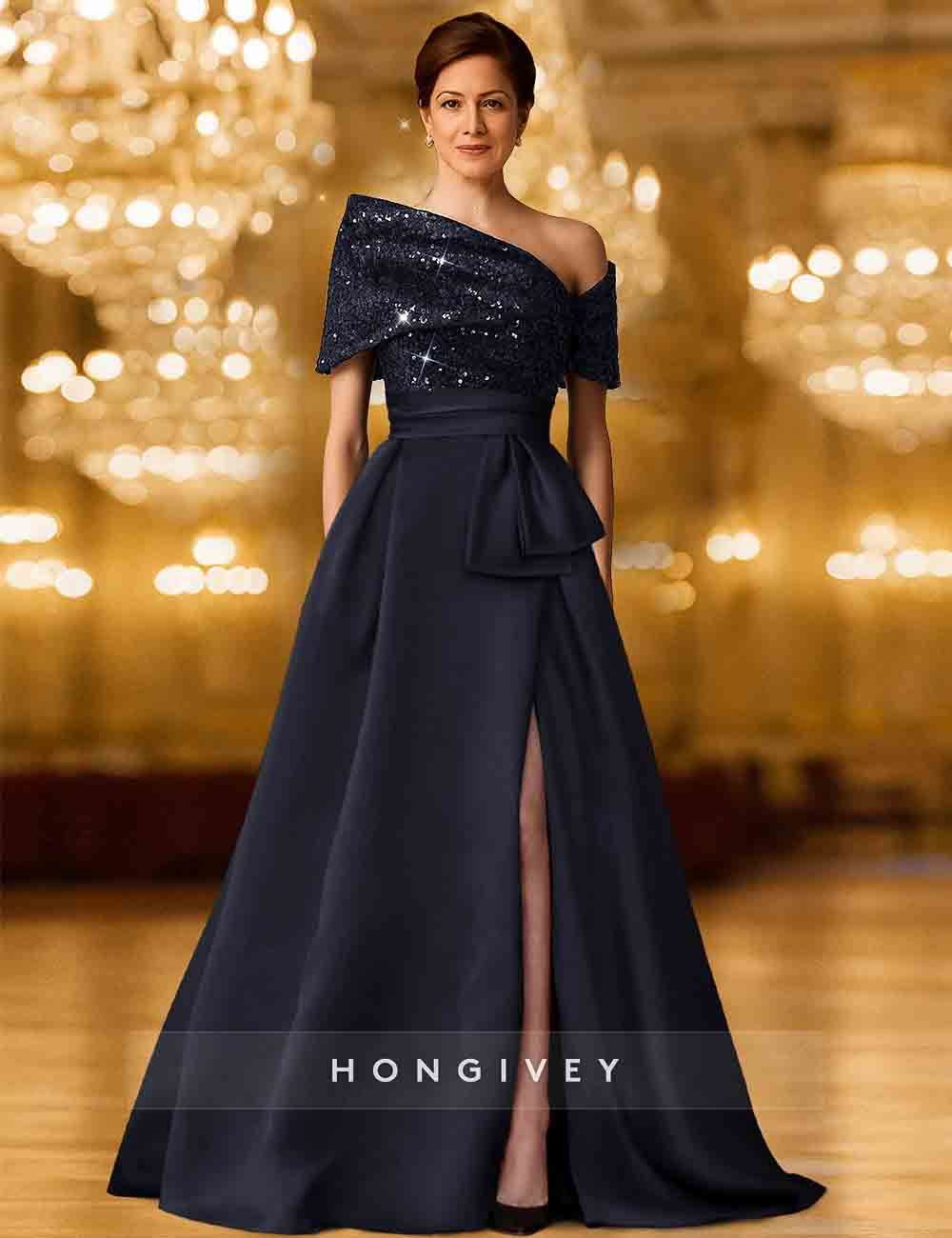 A-Line Slit Seqnuins Off the Shoulder Evening Dress