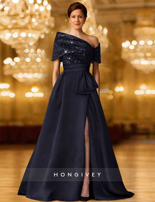 A-Line Slit Seqnuins Off the Shoulder Evening Dress