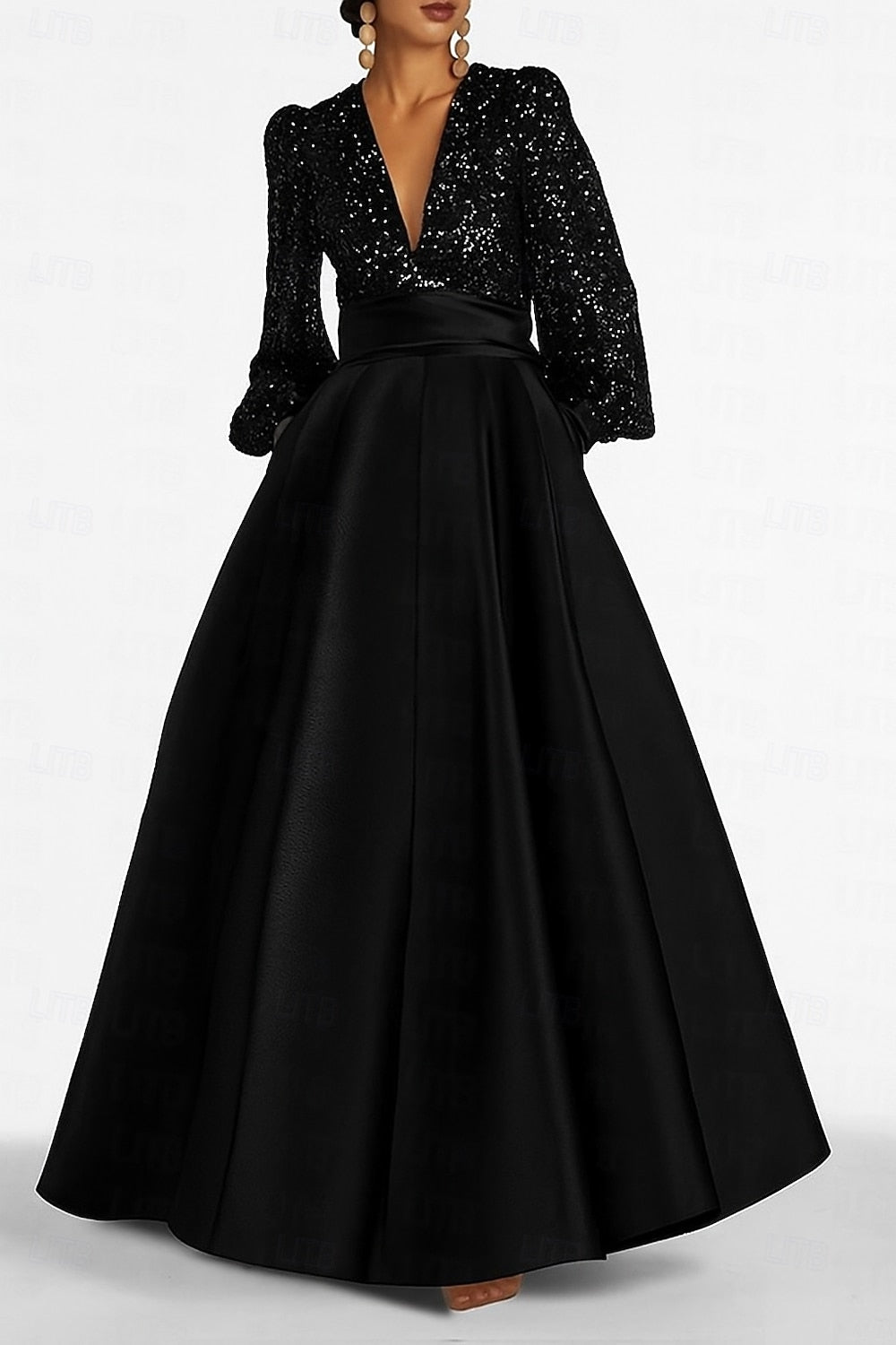 A-Line Floor Length Evening Gown Formal Dress Elegant Glittering Silky Long Sleeve V Neck Formal Wedding Pocket Satin Sequined with Glitter Pleats Pocket