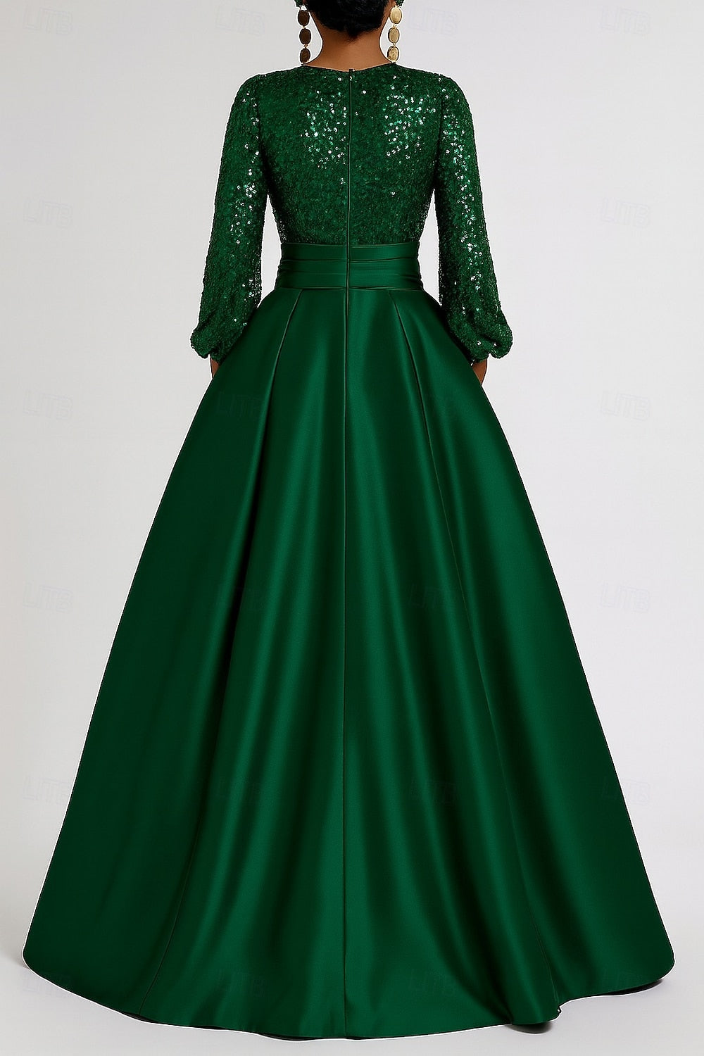 A-Line Floor Length Evening Gown Formal Dress Elegant Glittering Silky Long Sleeve V Neck Formal Wedding Pocket Satin Sequined with Glitter Pleats Pocket