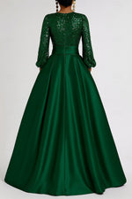 A-Line Floor Length Evening Gown Formal Dress Elegant Glittering Silky Long Sleeve V Neck Formal Wedding Pocket Satin Sequined with Glitter Pleats Pocket